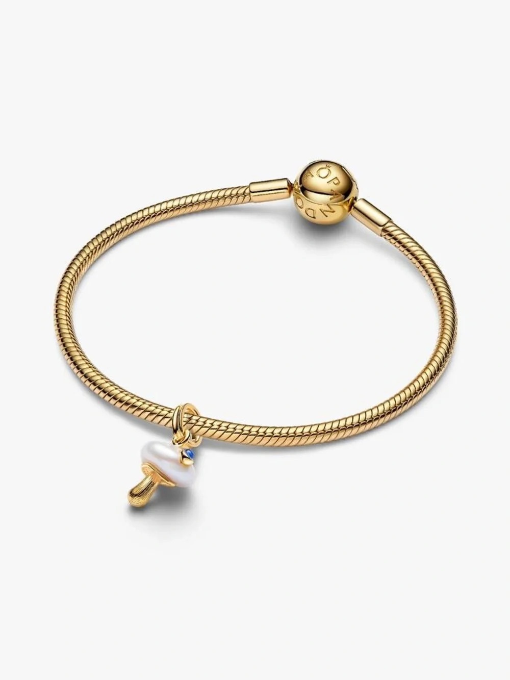 Pandora Gold Snake Chain Bracelet with White Pearl Mushroom Charm